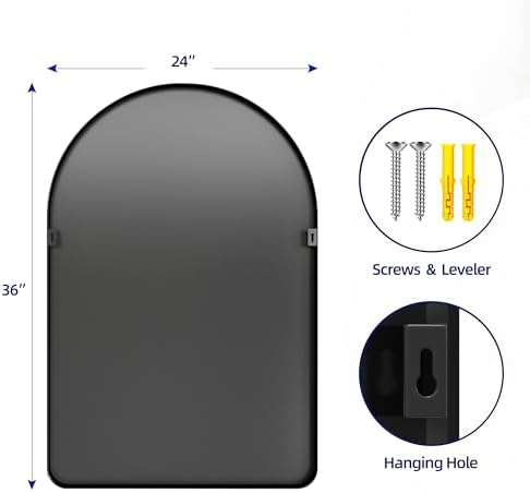 FOYEESION 24x36 Arched Black Wall Mirror with Metal Frame