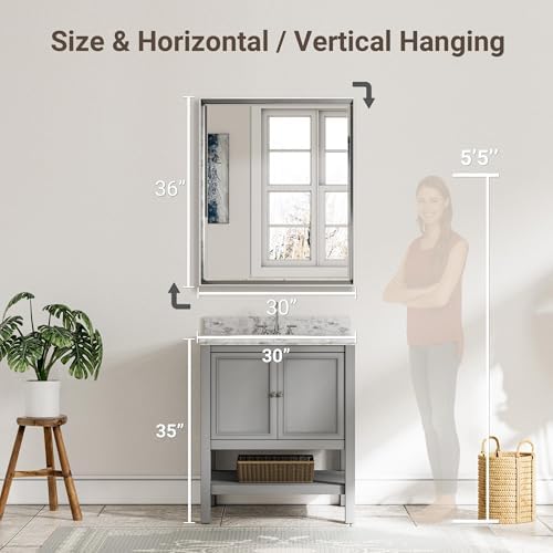 QueenFun 30x36 Inch Brushed Nickel Bathroom Mirror with Beveled Frame