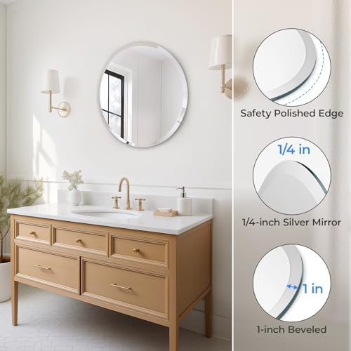 USHOWER Frameless 24 Round Bathroom Mirror with Beveled Edge