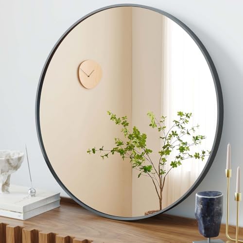 30 Inch Round Bathroom Mirror with Black Metal Frame 1