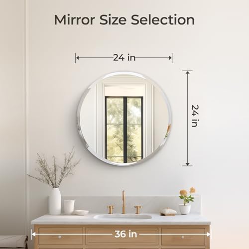 USHOWER Frameless 24 Round Bathroom Mirror with Beveled Edge