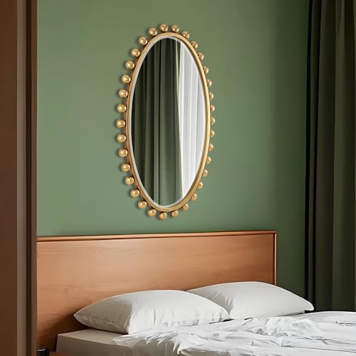 Oval Bathroom Mirror with Gold Bead Frame - 24x36 Inch