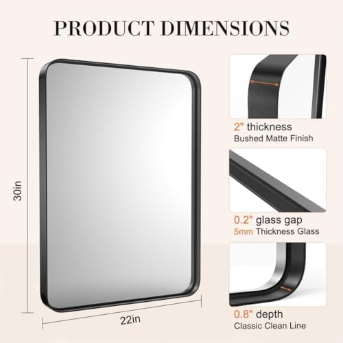 HOMEE 30x22 Inch Black Rectangle Wall Mirror