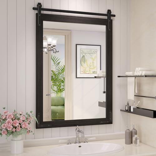Farmhouse Bathroom Mirror 24x36 Inch Wood Framed Black