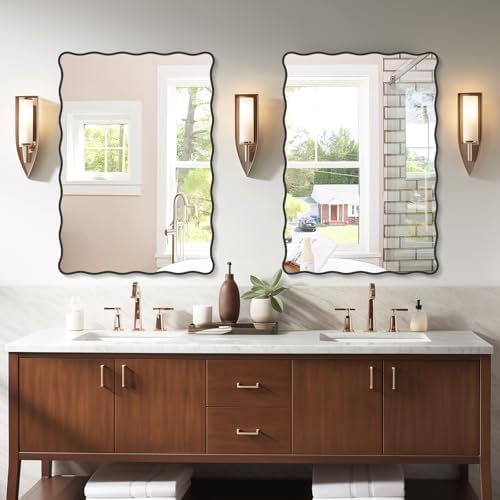 Modern Black Wavy Bathroom Mirror 28x40 Wall Decor