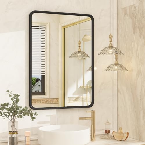 OKPAL 16x24 Inch Matte Black Beveled Frame Bathroom Mirror
