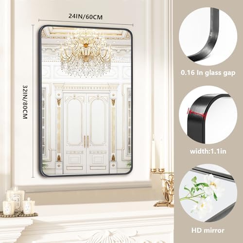 24x32 Black Bathroom Mirror with Brushed Nickel Frame