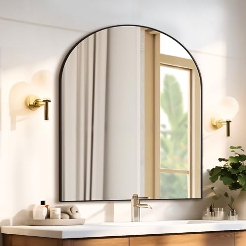 Mirrorons 33x31 Inch Arched Wall Mirror Shatterproof Black Modern Frame