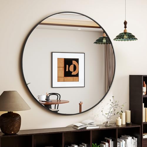 VETROVUE 30 Inch Black Round Mirror with Metal Frame