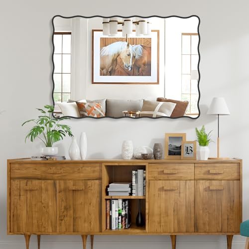 Modern Black Wavy Bathroom Mirror 28x40 Wall Decor