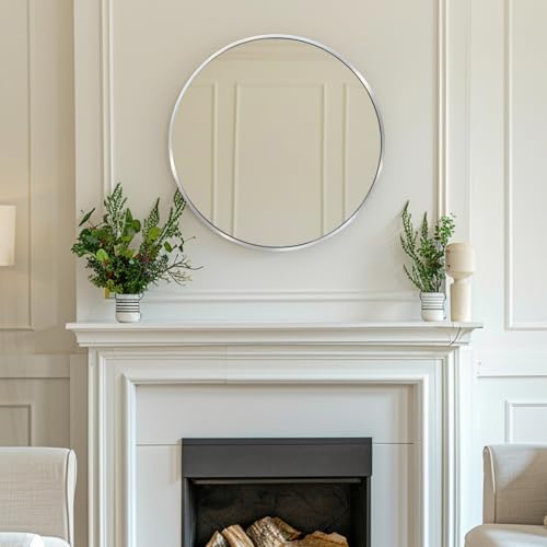 Silver Round Mirror 24 Inch Bathroom Decor