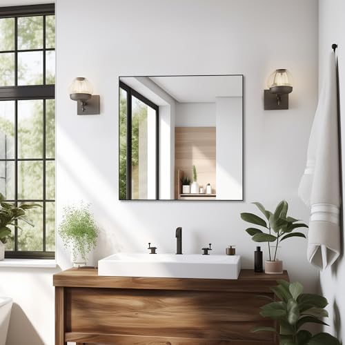 ANYHI 28x28 Black Metal Square Wall Mirror