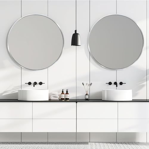 Silver Round Mirror 24 Inch Bathroom Decor