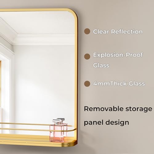 Gold Metal Framed Bathroom Mirror with Shelf
