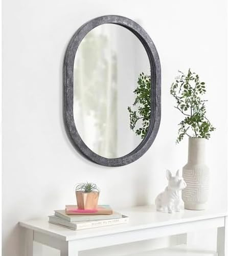 JJUUYOU Farmhouse Black Oval Wall Mirror with Wood Frame