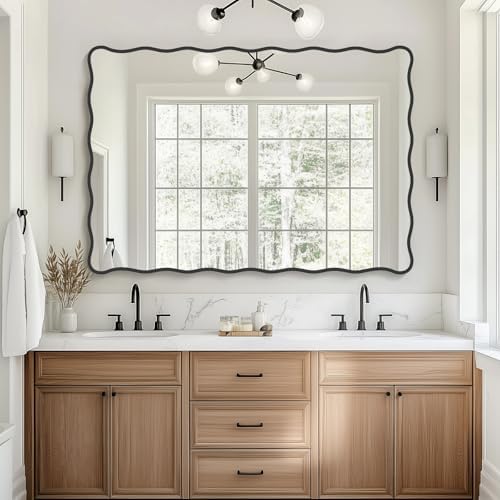 Modern Black Wavy Bathroom Mirror 28x40 Wall Decor