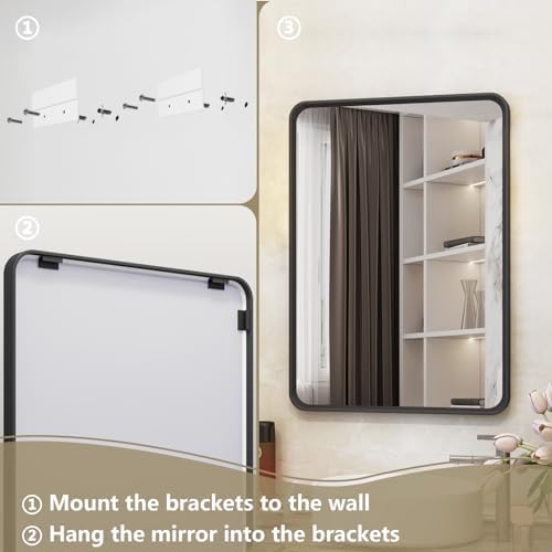 OKPAL 16x24 Inch Matte Black Beveled Frame Bathroom Mirror
