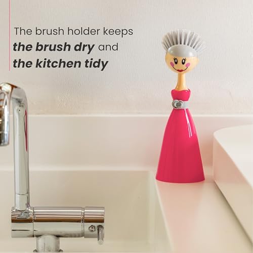 Vigar Dolls Dish Brush with Pink Handle and Gray Brush Holder