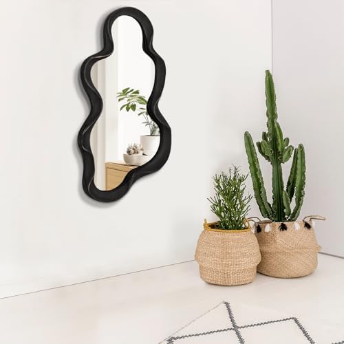 Lzuso 30x14 Inch Asymmetrical Cloud Wall Mirror with Wood Frame