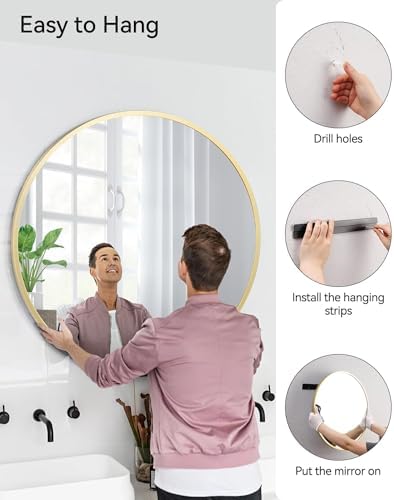 Gold 30 Inch Round Mirror with Brushed Frame