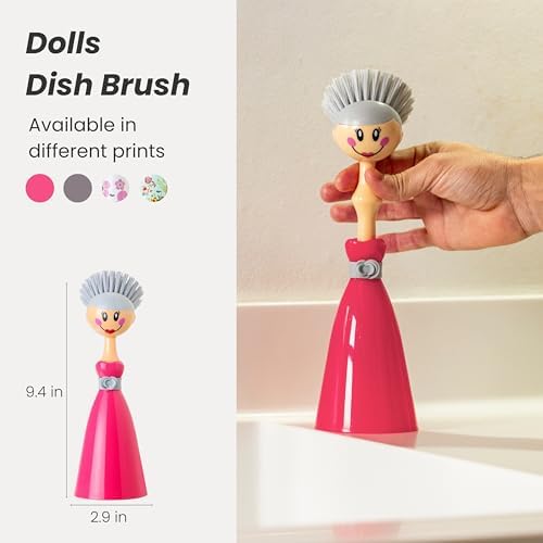 Vigar Dolls Dish Brush with Pink Handle and Gray Brush Holder