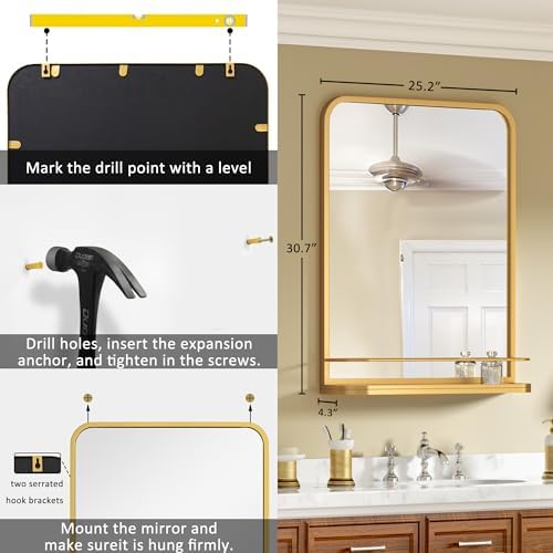 Gold Metal Framed Bathroom Mirror with Shelf