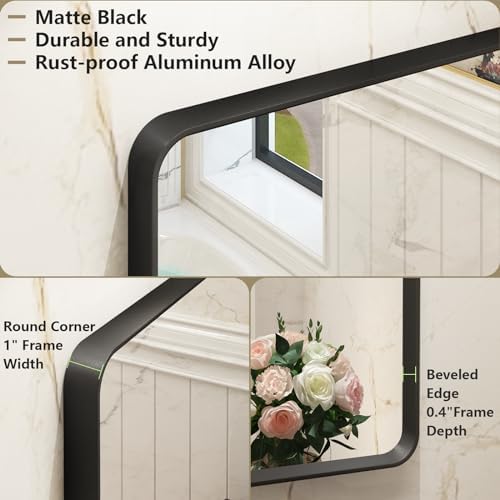 OKPAL 16x24 Inch Matte Black Beveled Frame Bathroom Mirror