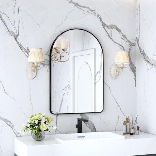 FOYEESION 24x36 Arched Black Wall Mirror with Metal Frame