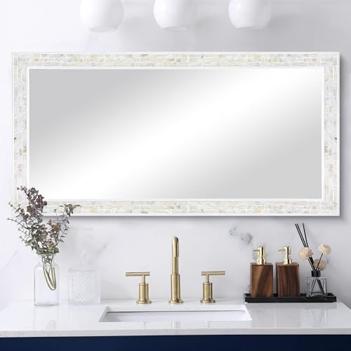 Tanmicoshomy 24x47 Inch Rectangle Wall Mirror with Natural Shell Frame