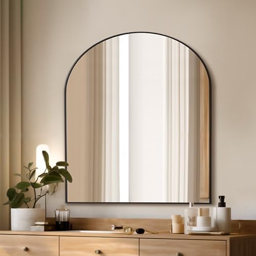 Mirrorons 33x31 Inch Arched Wall Mirror Shatterproof Black Modern Frame