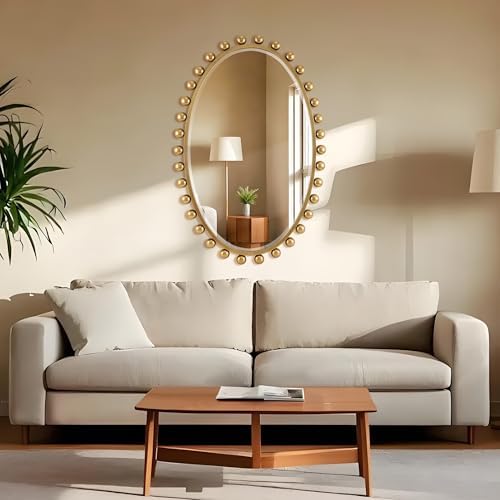 Oval Bathroom Mirror with Gold Bead Frame - 24x36 Inch