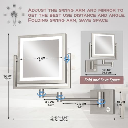 Square Makeup Mirror Wall Mount with Lights and 3X Magnification