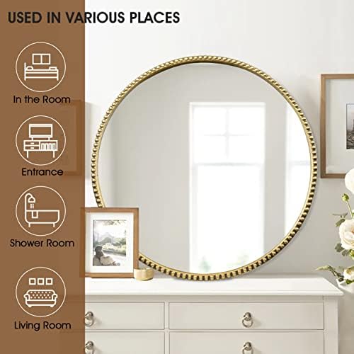 28x28 Inch Round Wall Mirror with Antique Gold Beaded Frame