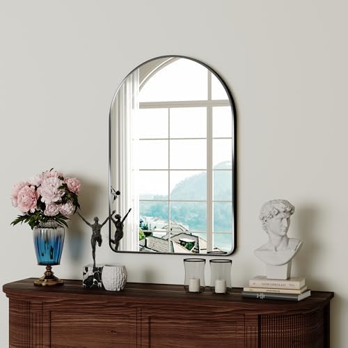 FOYEESION 24x36 Arched Black Wall Mirror with Metal Frame