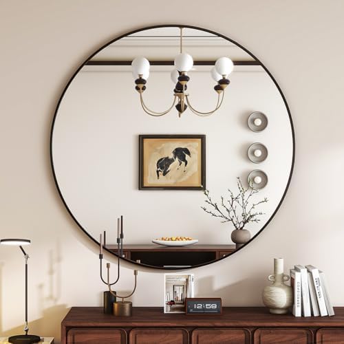 VETROVUE 30 Inch Black Round Mirror with Metal Frame