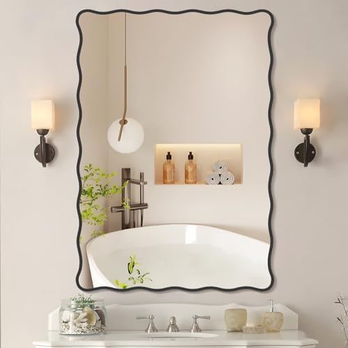 Modern Black Wavy Bathroom Mirror 28x40 Wall Decor