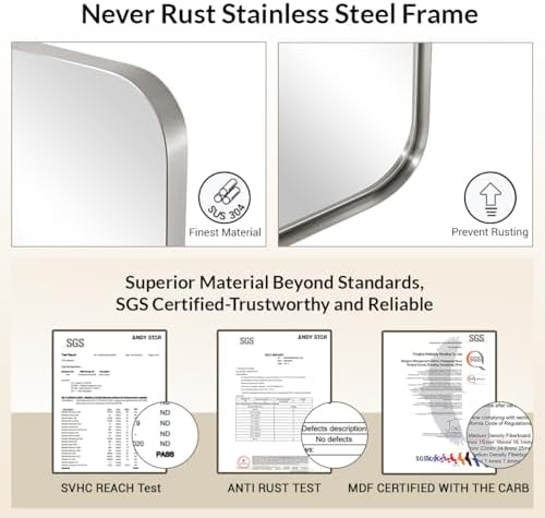ANDY STAR Modern Wall Mirror 24x36x1 Brushed Nickel Frame