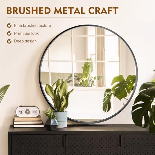 24 Black Round Mirror with Metal Frame