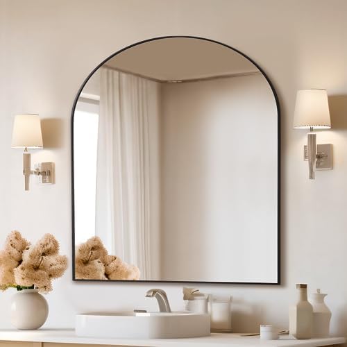 Mirrorons 33x31 Inch Arched Wall Mirror Shatterproof Black Modern Frame
