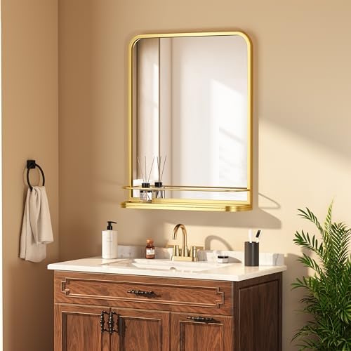 Gold Metal Framed Bathroom Mirror with Shelf