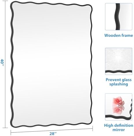 Modern Black Wavy Bathroom Mirror 28x40 Wall Decor