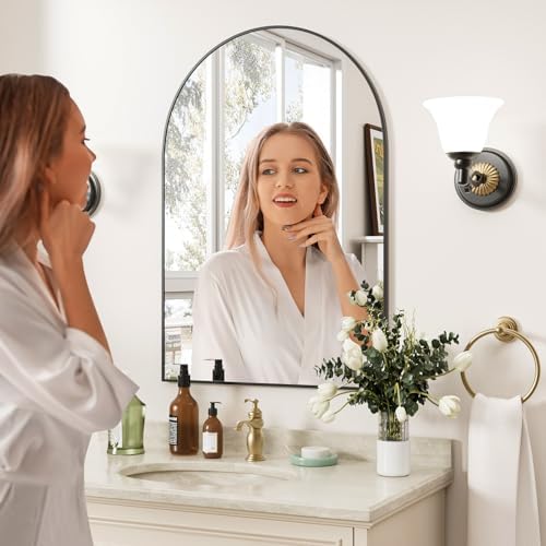 Rowjut 38x26 Bathroom Mirror with Black Arched Frame
