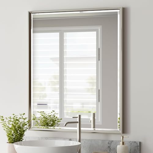 QueenFun 30x36 Inch Brushed Nickel Bathroom Mirror with Beveled Frame