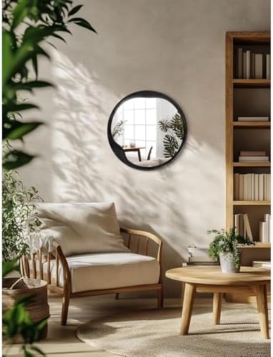 Wood Frame Round Mirror 20 Inch Black for Living Room