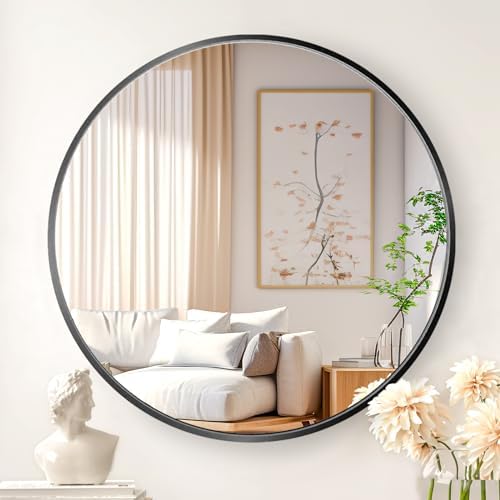 24 Black Round Mirror with Metal Frame