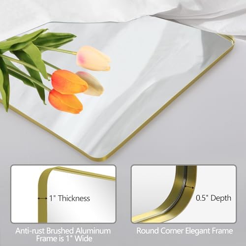 Mirrorons Gold Bathroom Mirror 36x30 Inch Shatterproof Wall Mirror