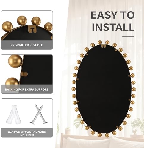 Oval Bathroom Mirror with Gold Bead Frame - 24x36 Inch
