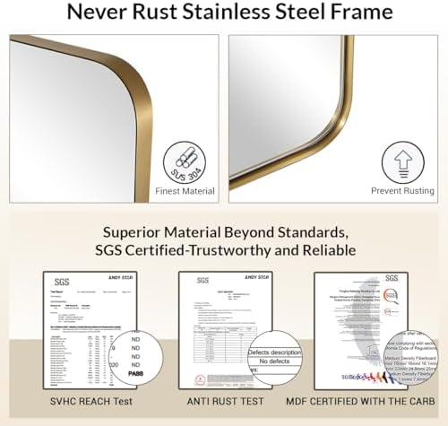 ANDY STAR Gold Bathroom Mirror 24x36 Brushed Brass Frame