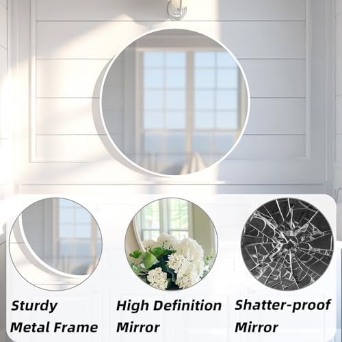 White Round Mirror 24 Inch Metal Frame Bathroom Mirror