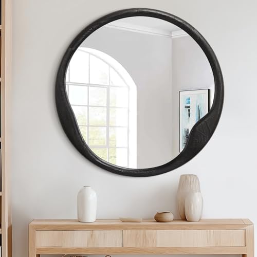Wood Frame Round Mirror 20 Inch Black for Living Room
